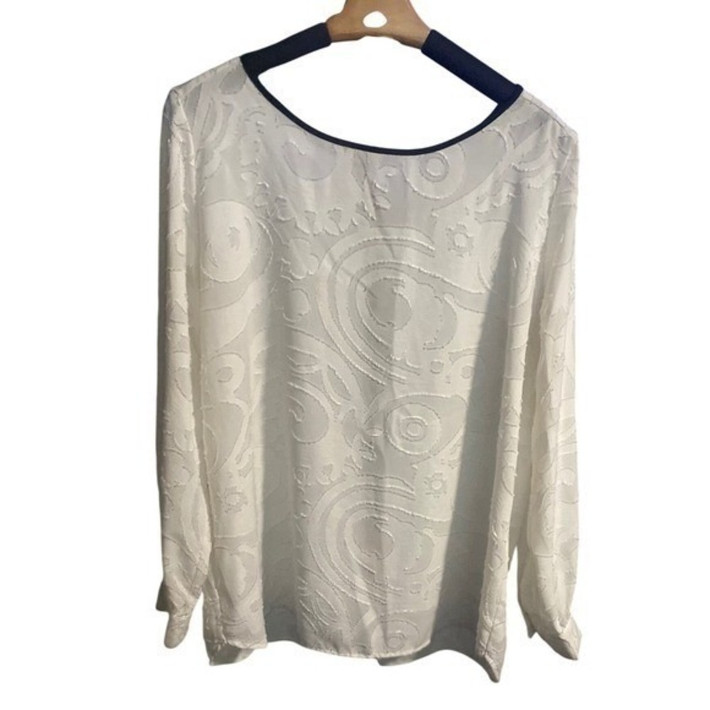 LOFT Outlet White Burnout Swirl Long Sleeve Blouse Black Trim Tie Back Large